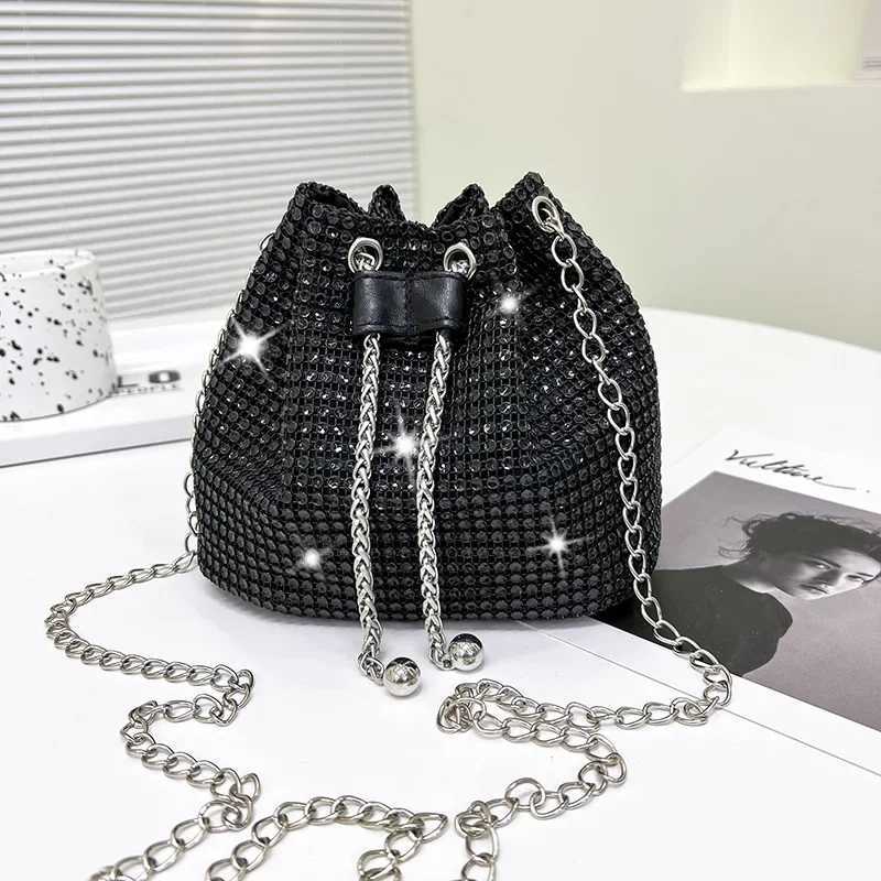 Sparkling Rhinestone Embellished Drawstring Crossbody Bag MultiFunctional Bucket Purse Formal Handbag for Women Daily Commute Z251017