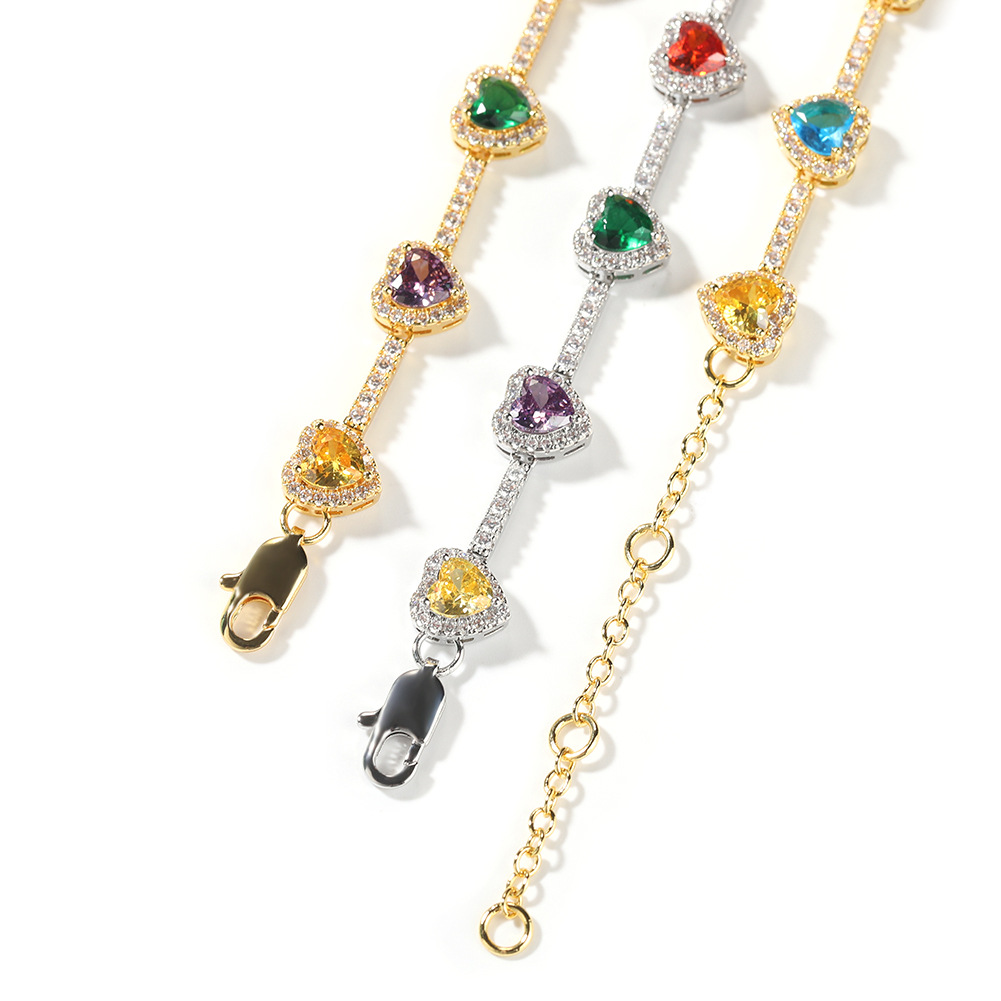 Colored 5A Zircon Love Heart Tennis Chain Necklace Bracelets 18K Gold Plated Jewelry