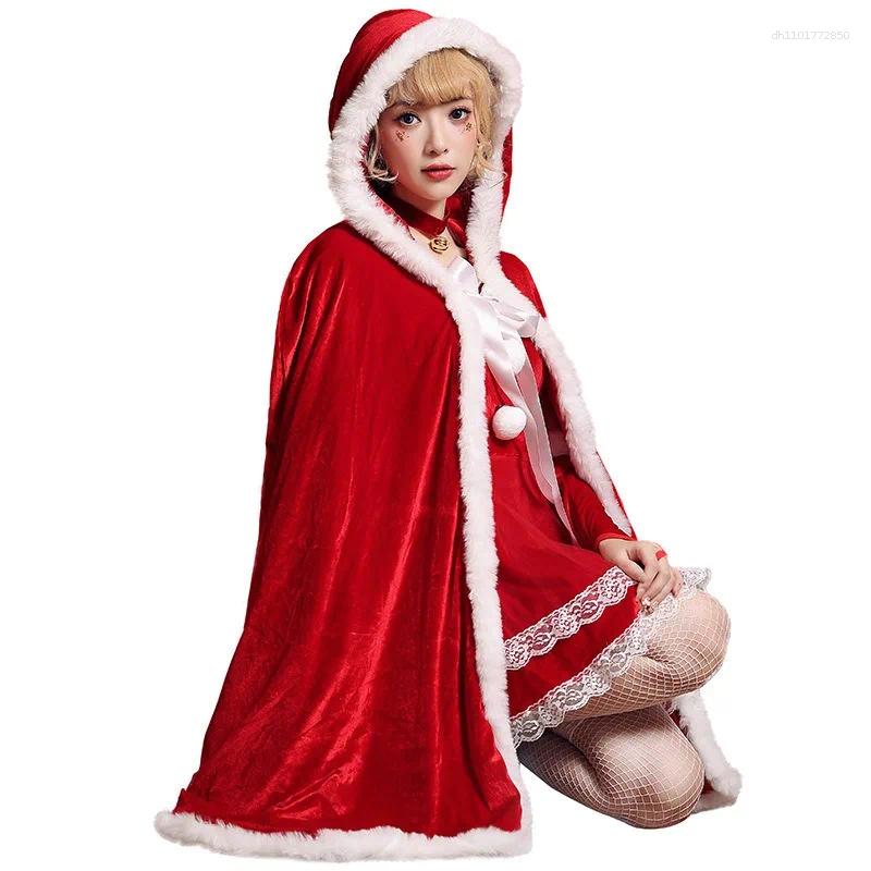 Ethnic Clothing Yellow & Red Velvet Battle Gown Festive Party Cloak With Fur Trim Christmas Performance Mantle