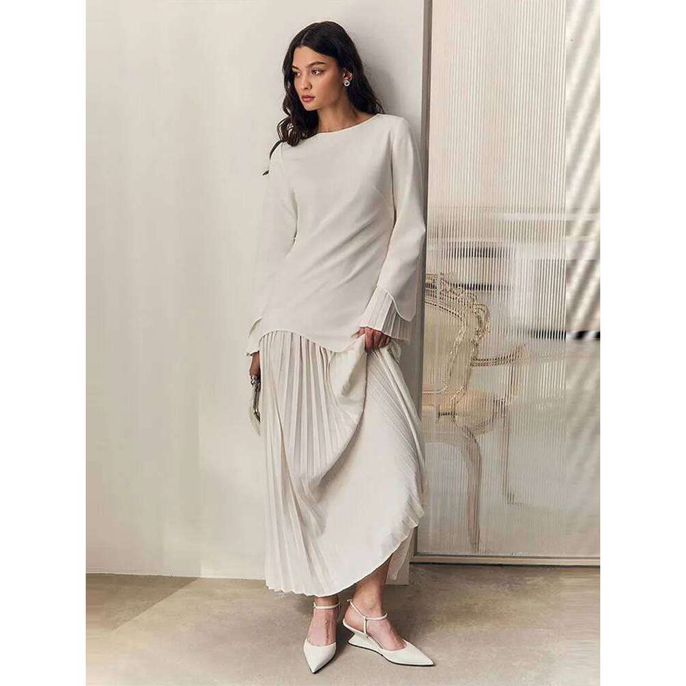 2025 Women Fashion O-neck Patchwork Long Dress Elegant Solid Flare sleeve Pleated High Waist Slim Dresses Lady Summer Chic Robes
