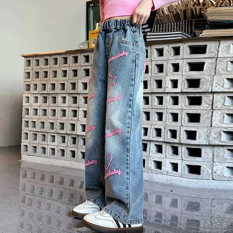 2025 New Elegant Teen Girl Heart And Letter Jeans For Teen Girl Fashion Kids Denim Pants Girls Wide Leg Trousers 5 To 14 YearsT251017