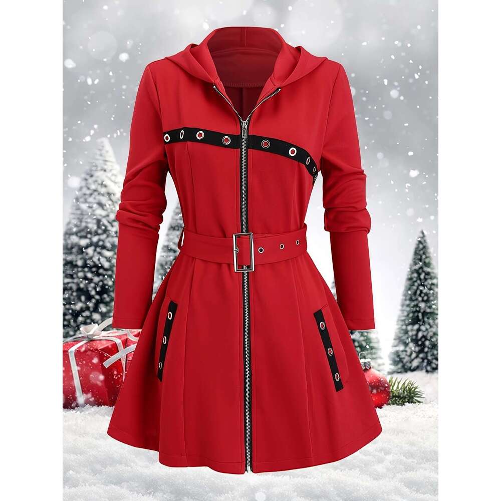 1Pc Y2k Style Women's Hooded Jacket - Solid Color Polyester Knit Fabric With Zipper And Belt Detail, Long Sleeve Punk-Inspired Casual Outerwear F