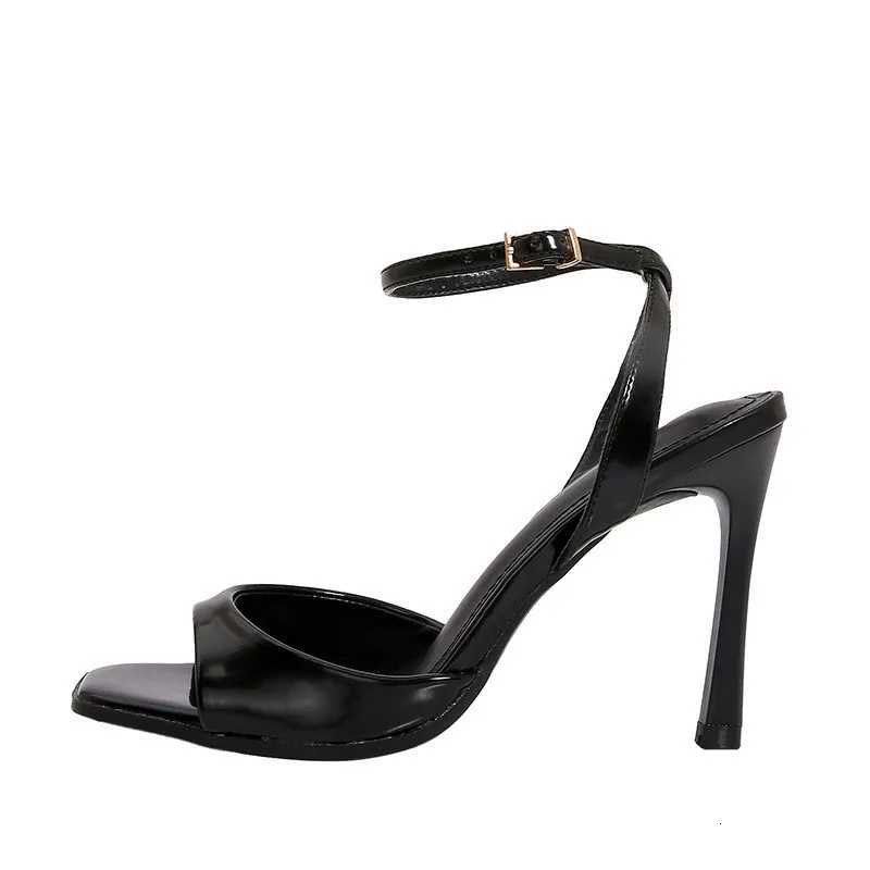 Black Patent Leather Ankle Strap Buckle Heeled Sandals Women Sexy Square Open Toe High Heels Summer Elegant Party Office Shoes Z251015