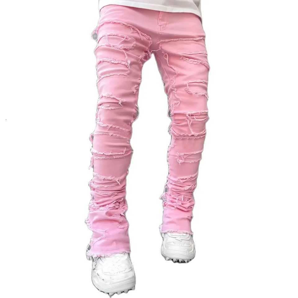 Mens Regular Fit Stacked Jeans Ripped Slim Fit Patch Distressed Destroyed Straight Denim Pants Hip Hop Streetwear Trouser Cloth Y251105