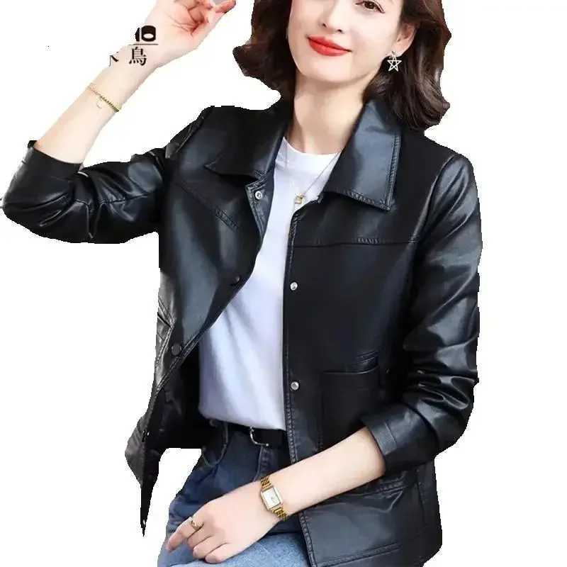 Brown PU leather Jackets Womens HighEnd New Spring Autumn Casual Short Jacket Leather MidAged Mother Coat Brown Leather CoatT251017