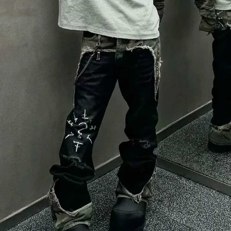 1 Street Vintage Washed Camouflage Stitching Jeans Men And Women Y2K High Street Hip Hop Straight Baggy Slim Pants Tide1 Y251105