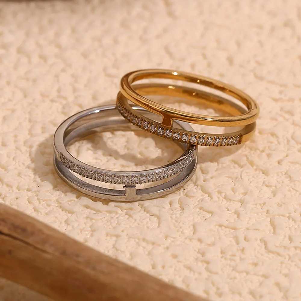 EBbelle Minimalist Style Double Layer Rhinestone Ring Basic Stack Jewelry Stainless Steel 18k Gold Plated For Girls Party Z251017
