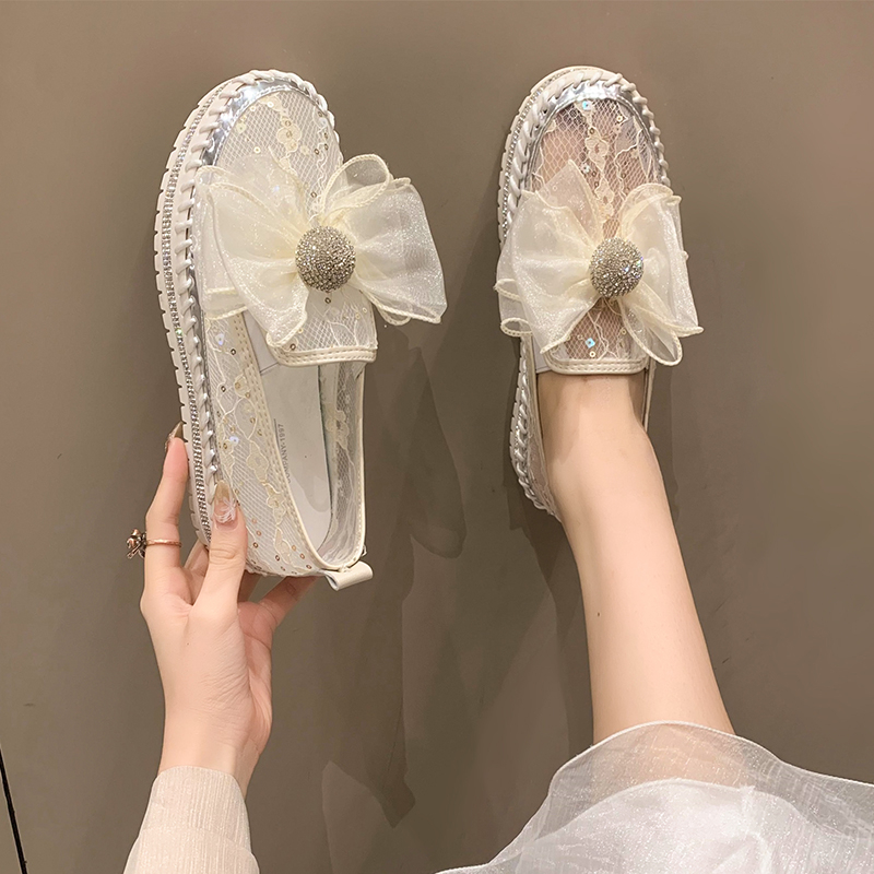 Women's Casual Shoes Platform Sole Rhinestone Upper Shallow Mouth Women's Loafers Leisure One Kick Fashion Diamonds Butterfly Knot Flats Sho