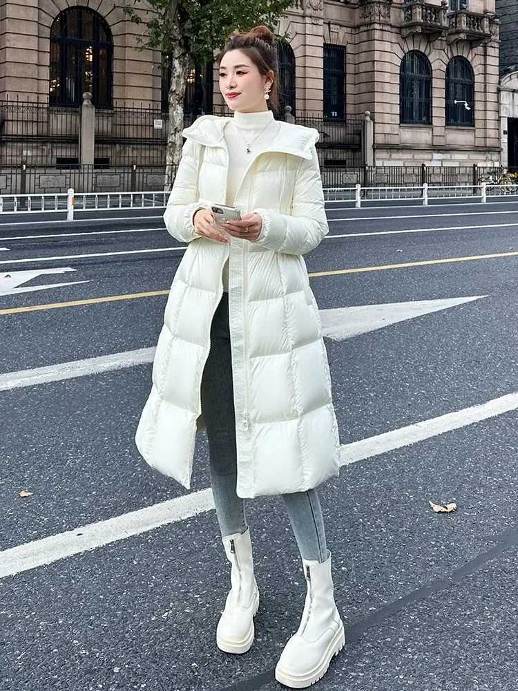 Womens Slim Waisted Hooded Puffer Jacket White Duck Down Medium Length Thick Warm Fashion Winter New 2024 W251016