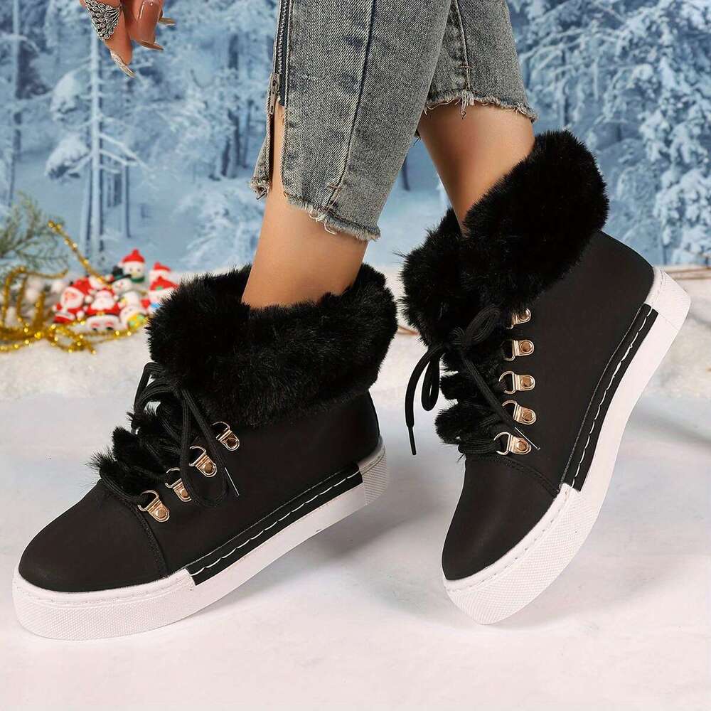 Women's Chunky PU Cover Upper With Faux Fur Thick Heel, Lace-Up Round Toe Ankle/Calf/Cuff Black, Pink, White, Brown, Grey, - TPR Sole Cold Weathe