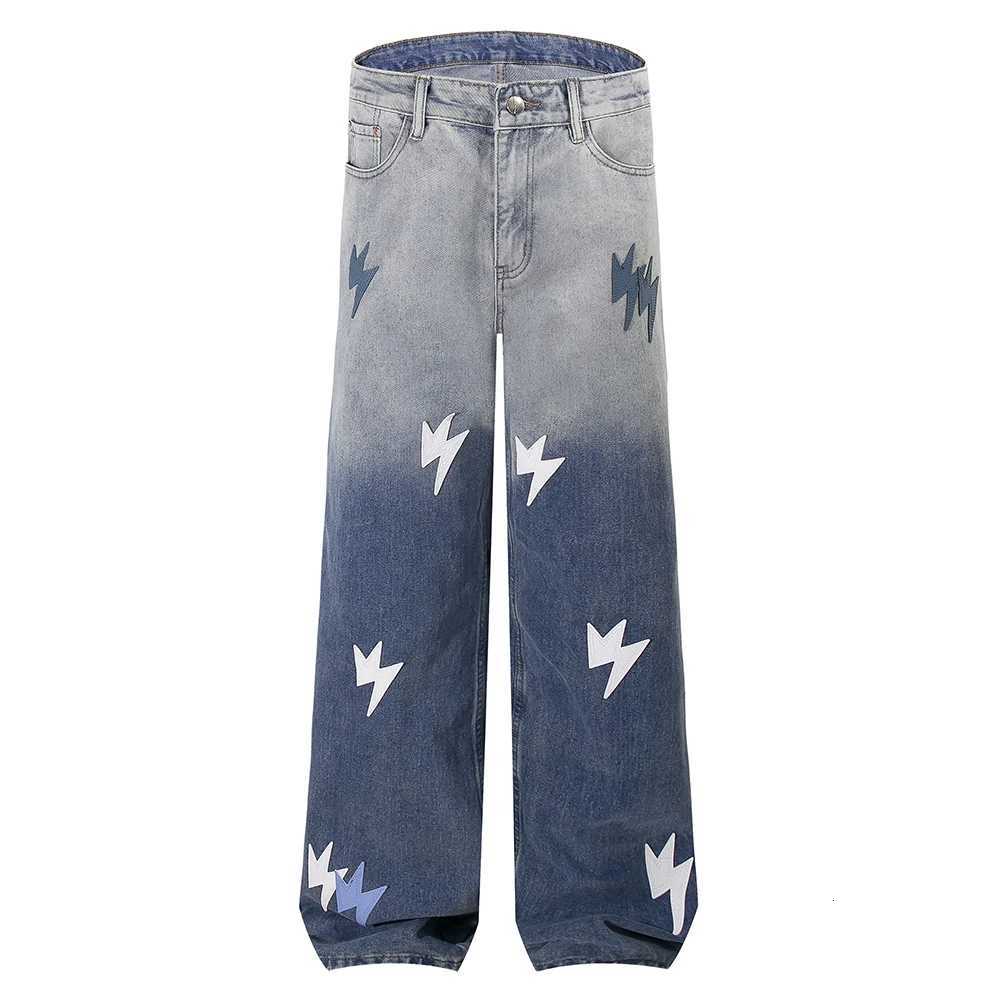 Mens Lightning Patch Denim Jeans Loose Straight Hip Hop Streetwear Pants Relaxed Fit Blue Trousers Y251105