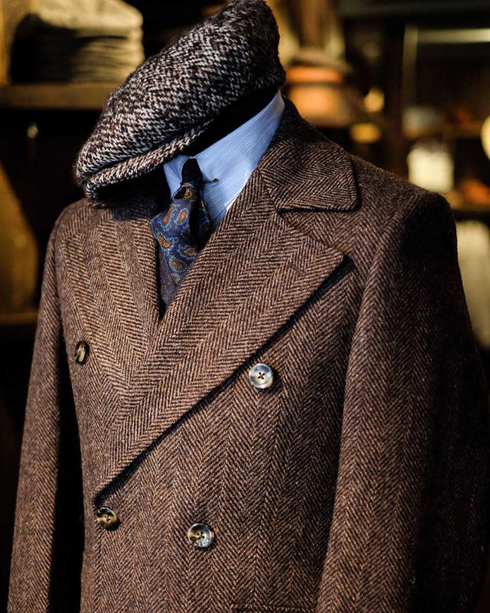 Customized Men Overcoat Suits Herringbone Wool Blend Double Breasted Long Coat Regular Fit Winter Groom Formal Wear