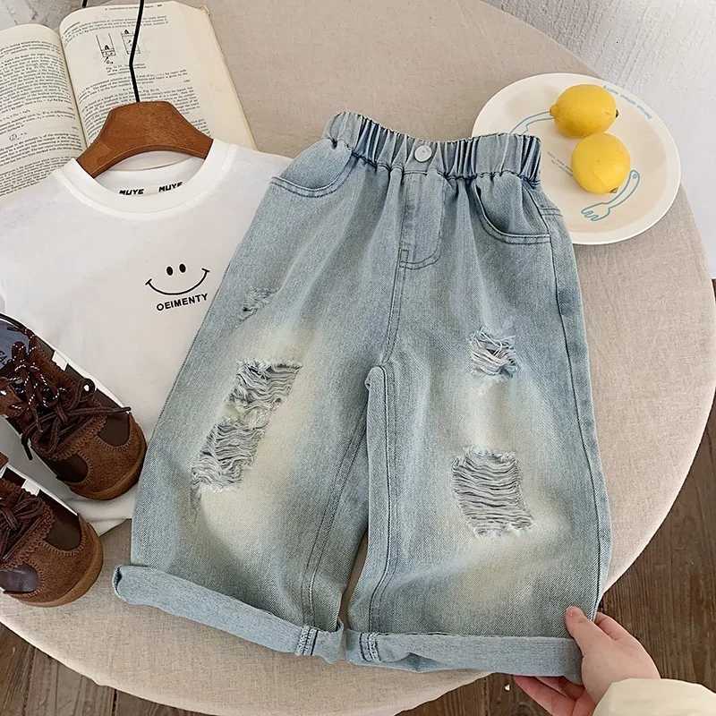 Spring and Autumn Childrens Pants Personalized Ripped Jeans Loose Straight Leg Pants for Boys and Girls 210T High QualityT251017