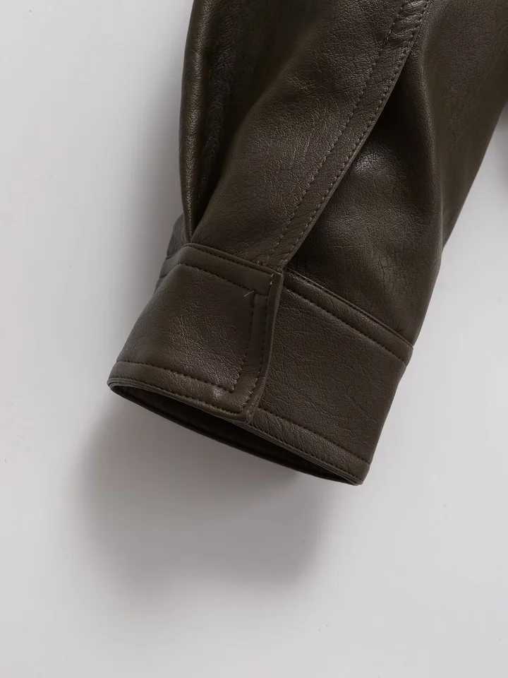 UNIZERA2025 autumn new womens retro large pocket workwear zipper stand collar imitation leather loose longsleeved short jacketT251017