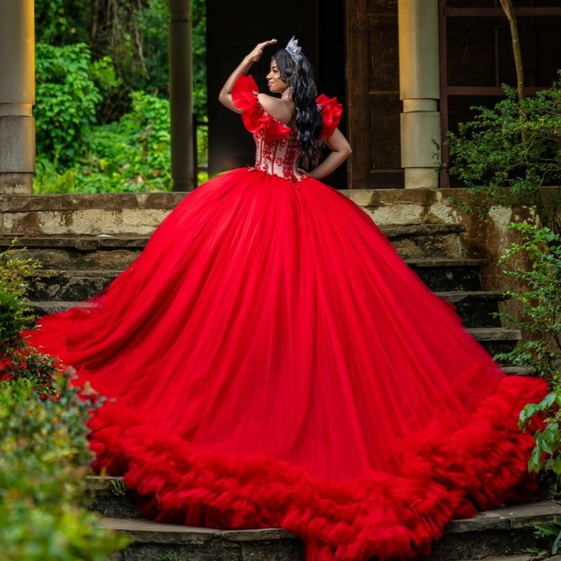 Red Shiny Quinceanera Dresses Off The Shoulder Applique Lace Beading Crystal Tiered Tull Party Birthday Sweet 16 Dres Vestidos 15 De Anos