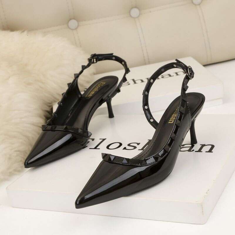 Simple Fashion Sexy Nightclub Stiletto High Heel Shallow Mouth Pointed Rivet Hollow shoes woshoes men Sandals