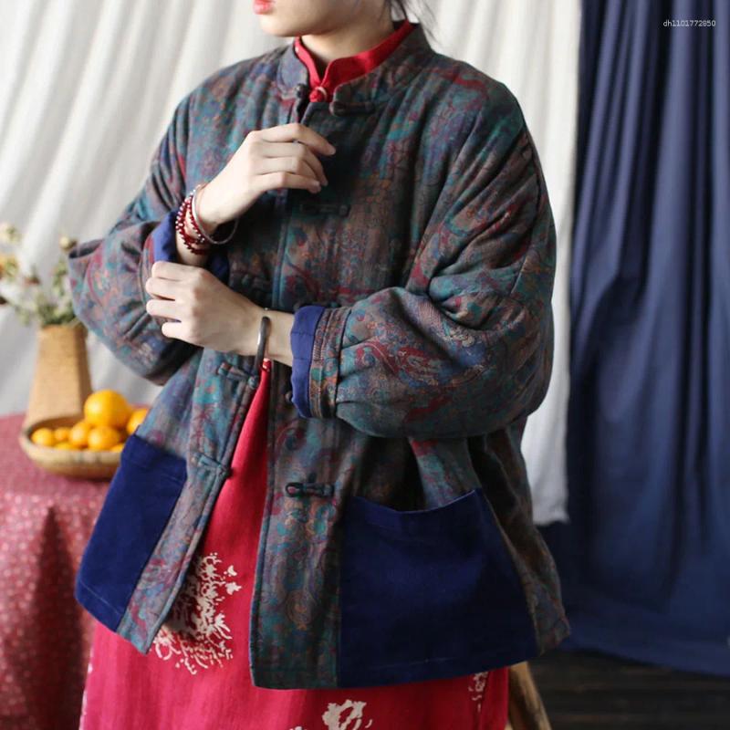 Women's Jackets Pastoral Cotton Pattern Printed Short Cotton-padded Jacket Womens Autumn-winter Vintage Disc Buckle Loose Version Thickened