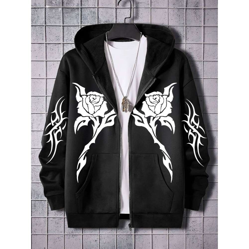 Black Regular Fit Men's Hooded Jacket | White Rose & Thorn Print, Hine-Washable Outerwear For Casual Attire