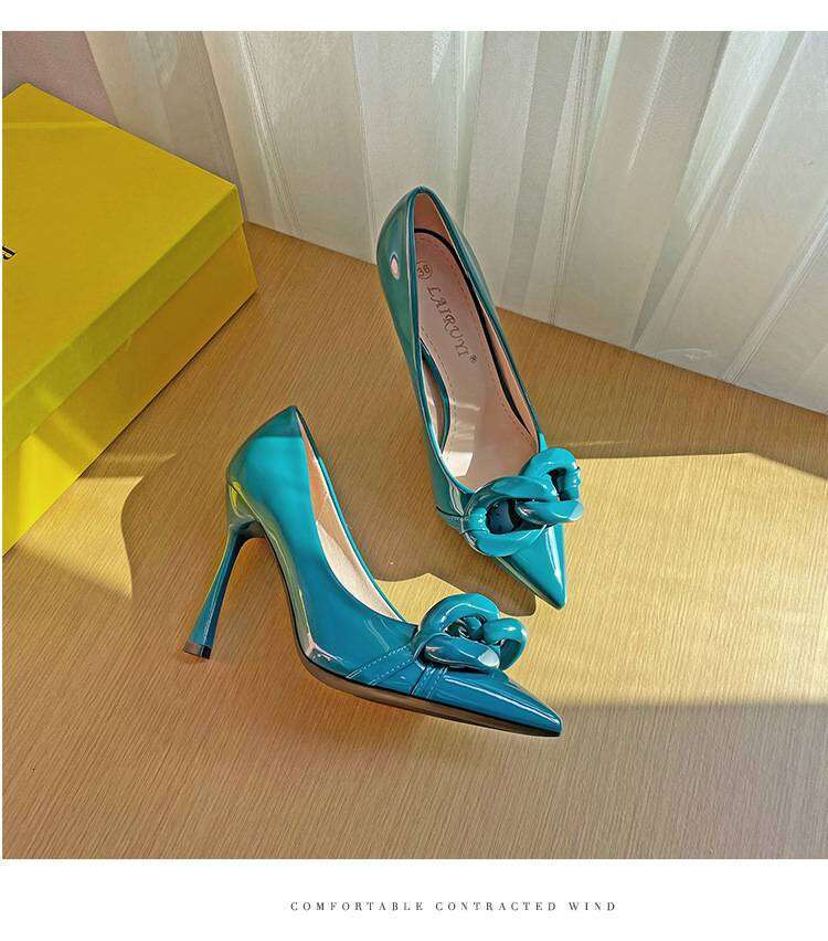 Plus Size Women Shoes Leather Fashion Chain Pointed Toe Shallow Mouth All-Match High Heel Shoes