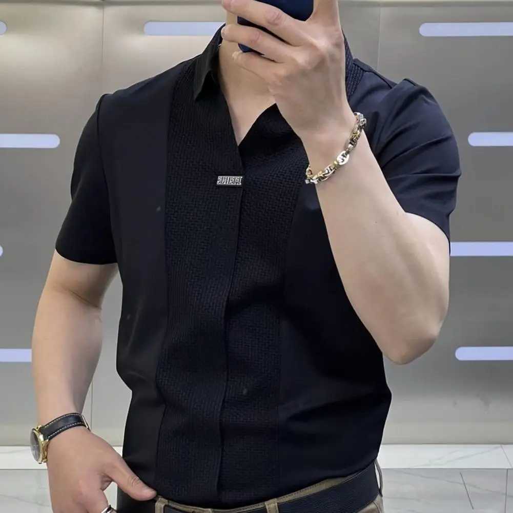 Men Summer Shirt Short Sleeves Turndown Collar Solid Color Slim Fit Patchwork Soft Breathable Formal Business Style Men Top J251017