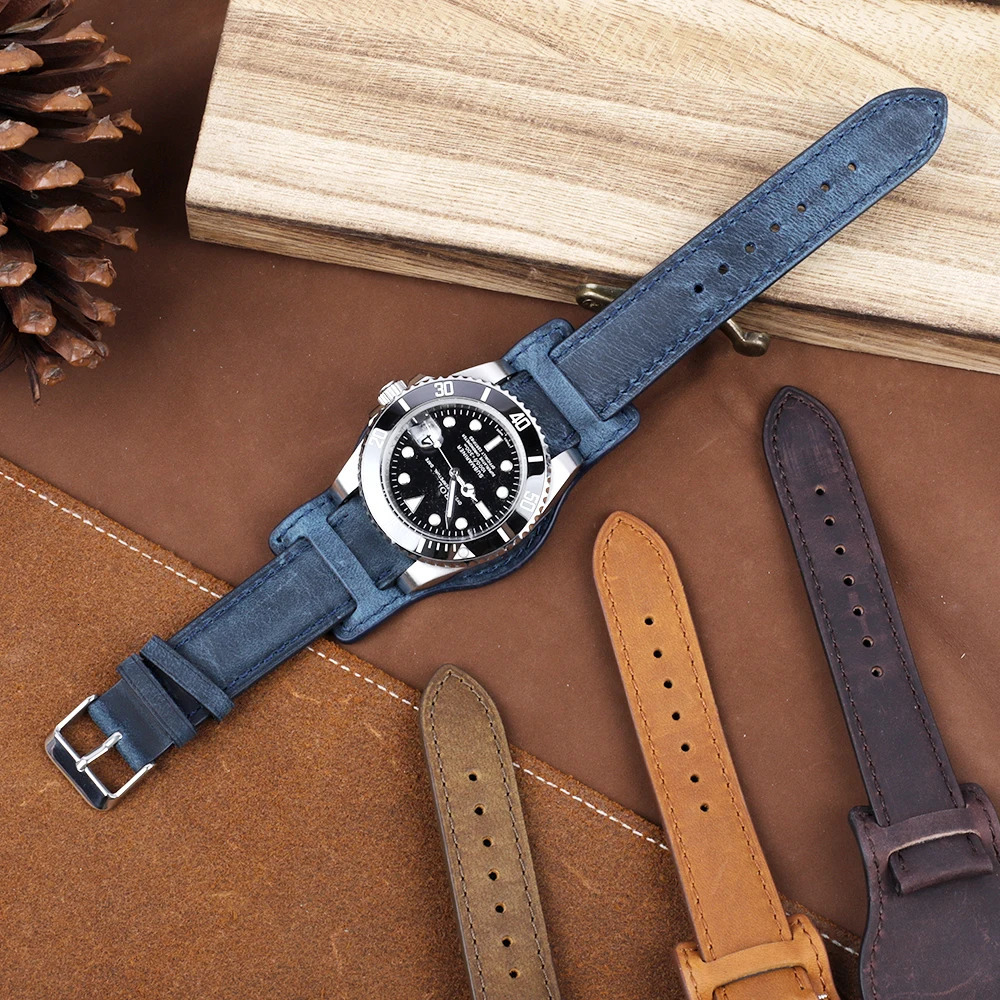 Handmade Crazy Horse Leather Watchband 18mm 19mm 20mm 21mm 22mm Watch Strap with Mat Genuine Leather Men Wristband Replacement 251016