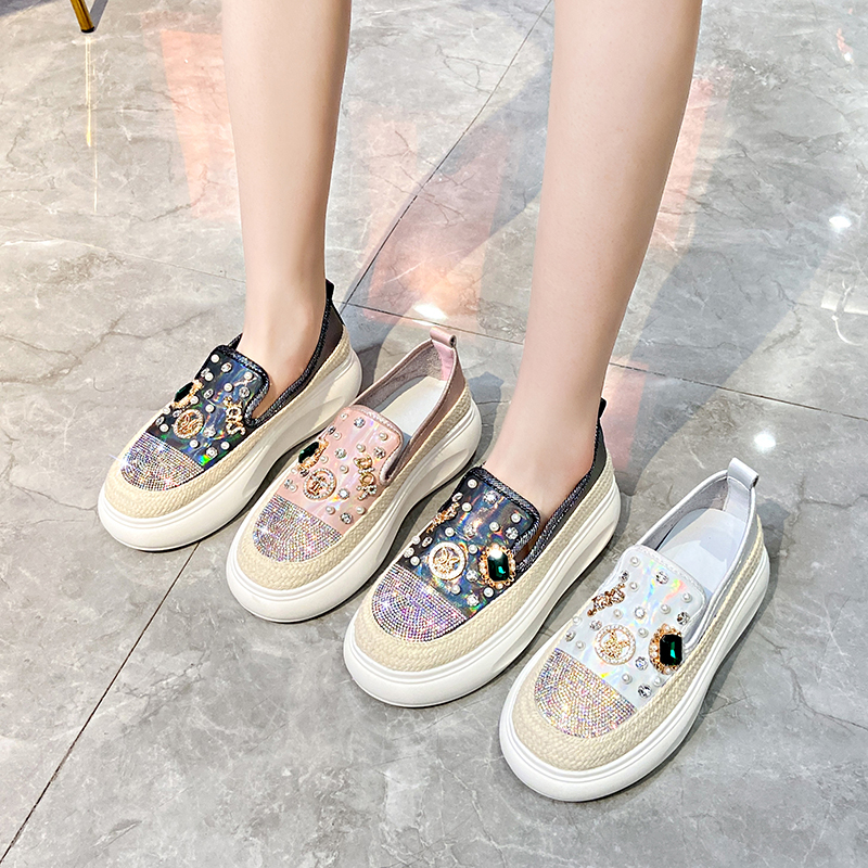 Women's Luxury Sneakers Rhinestone Decor oxhide Loafers Slip on Women's Designer Shoes Versatile Thick Sole Woven Shoes Comfortable Walking 