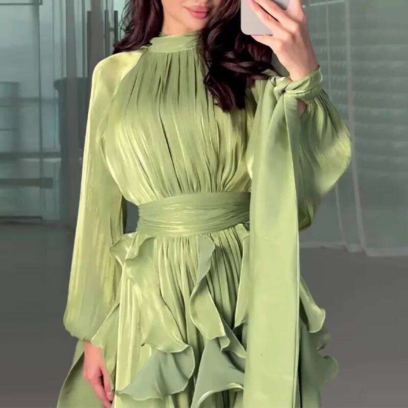 Fashion Waist Pleat Party Lady Casual High Collar Layered Banquet Elegant Long Sleeve Solid Color Evening Dress