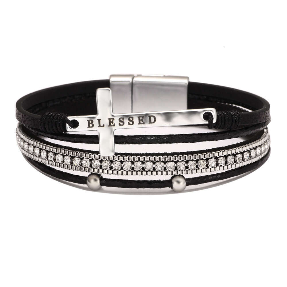 Bohemian Style Cross Light Micro Inlaid Dia Magnetic Clasp PU Leather Bracelet