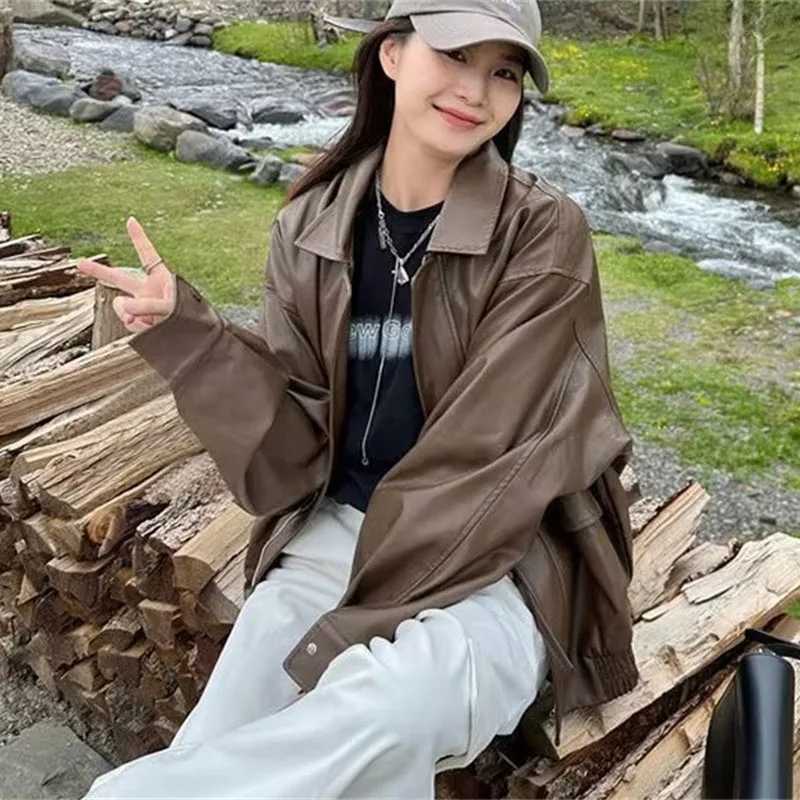 Highgrade Female Solid Color Leather Jacket Autumn Women Locomotive Faux Leather Coat American Ladies Loose PU Leather OutwearT251017