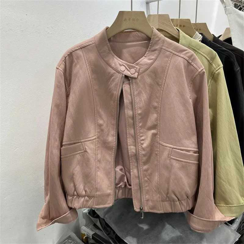 Leather Jacket Leather Womens Spring Clothes Standup Collar Loose Casual Black Motorcycle Washed PU Leather Jacket Coat TideT251017