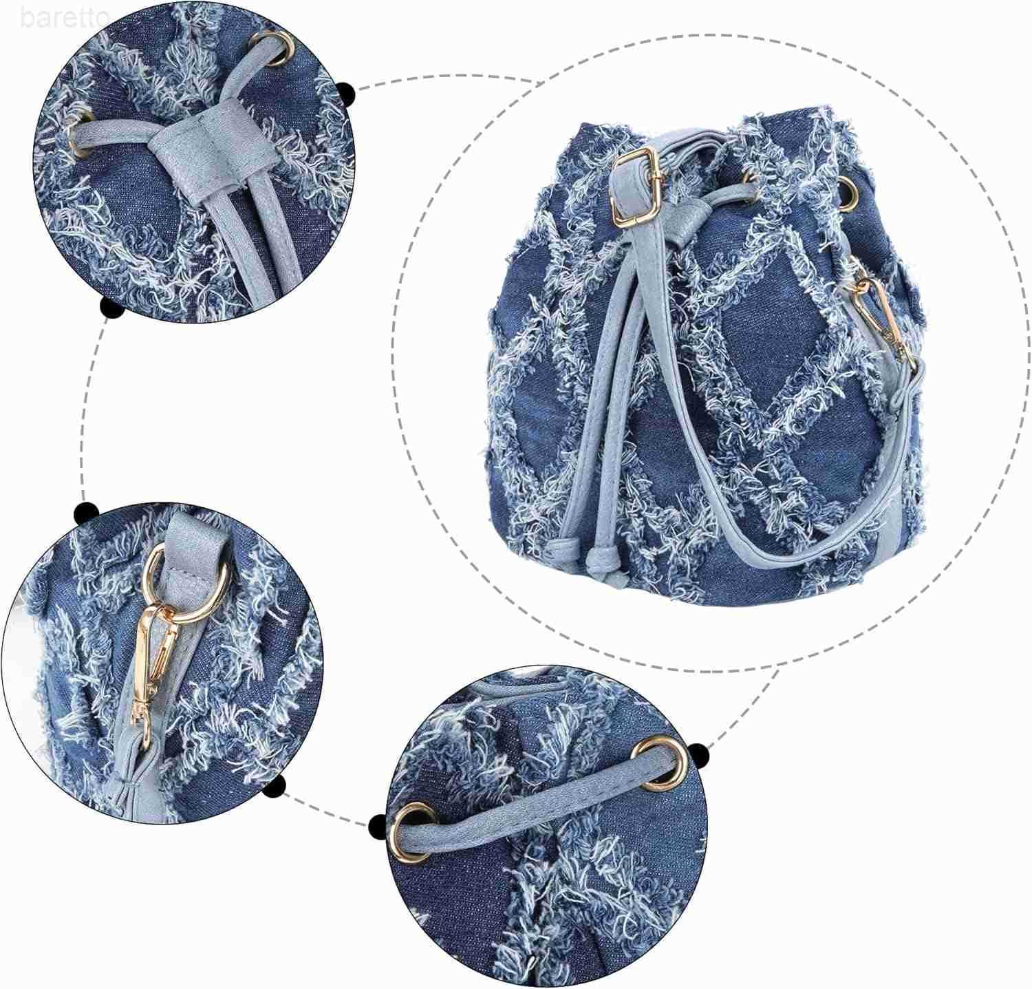 Women Denim Mini Bucket Shoulder Crossbody Bag Drawstring Quilted Distressed Tassel Barrel Shape Satchel Purse Z251017