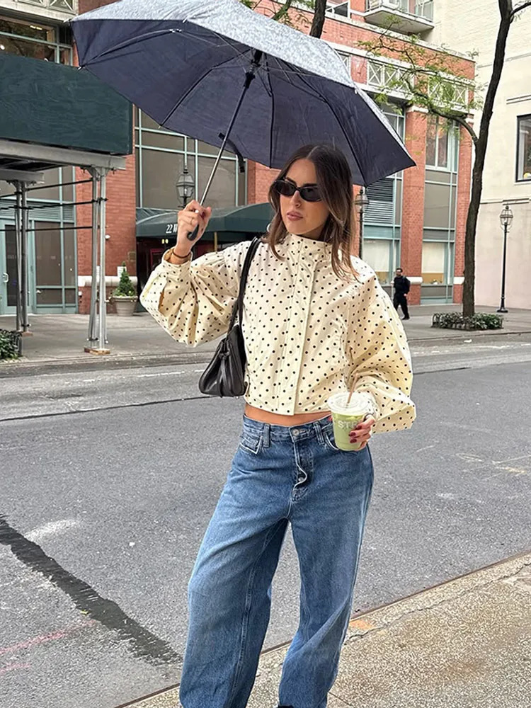 Polka Dot Print Round Neck Short Coats Womens High Street Blazer Long Sleeve Jackets 2025 Elegant Office Ladies Suit Outerwear 251017