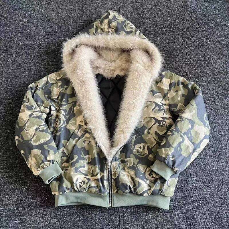 American New Fashion Camouflage Fur Collar Padded Jacket Men Y2K Vintage Hip-hop Pop Punk Baggy Hooded Couples Casual Coat Down