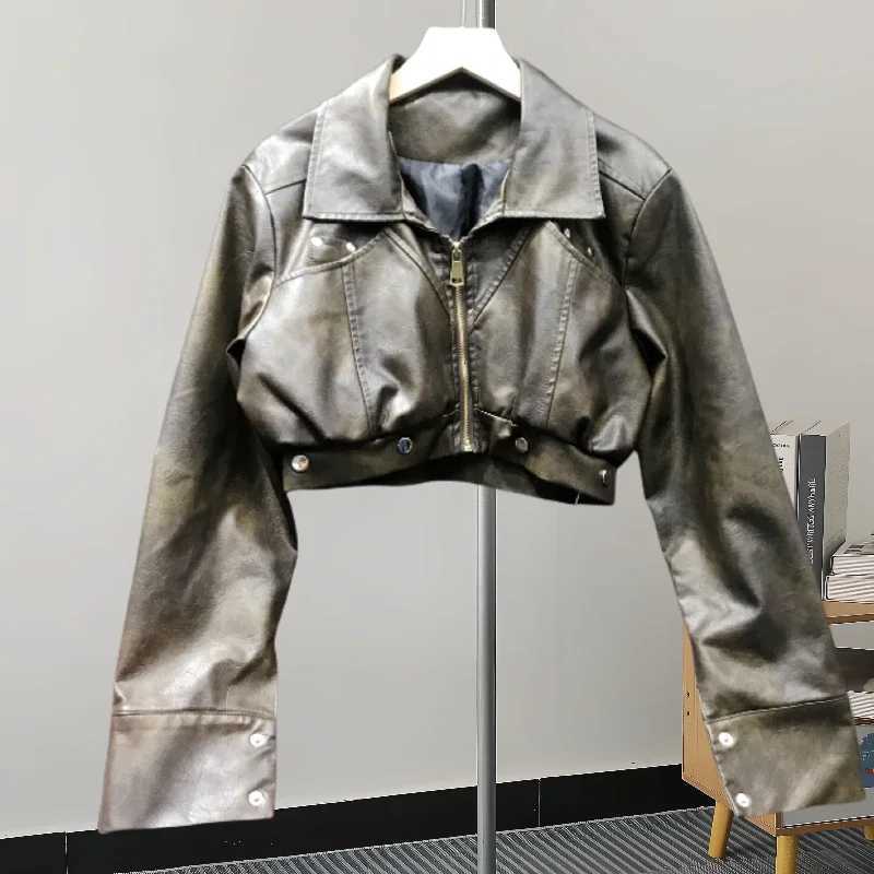 2025 Spring Autumn Black Army Green Slim Short Faux PU Leather Jacket Women New Lapel Zipper Long Sleeve Biker Jacket StreetwearT251017