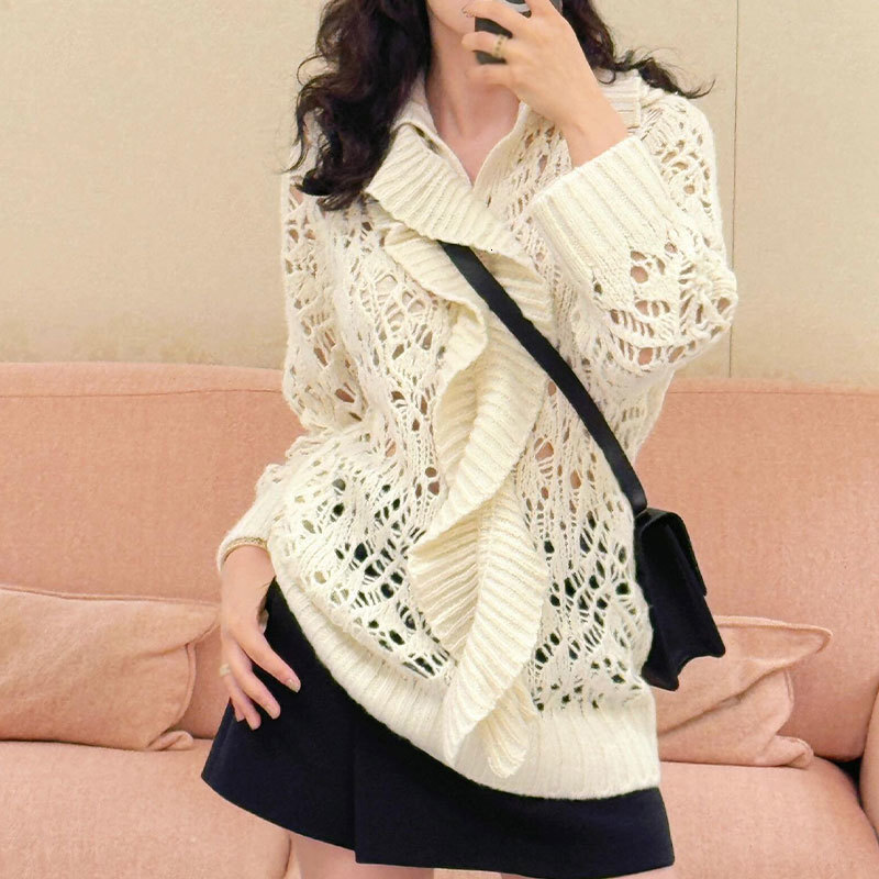 Luxury Women's Ruffle Neck Cashmere Blend Lace Knit Sweater Designer Beige Long Fit Turtle Neck Pullover Paris Fashion Detachable Collar Versatil
