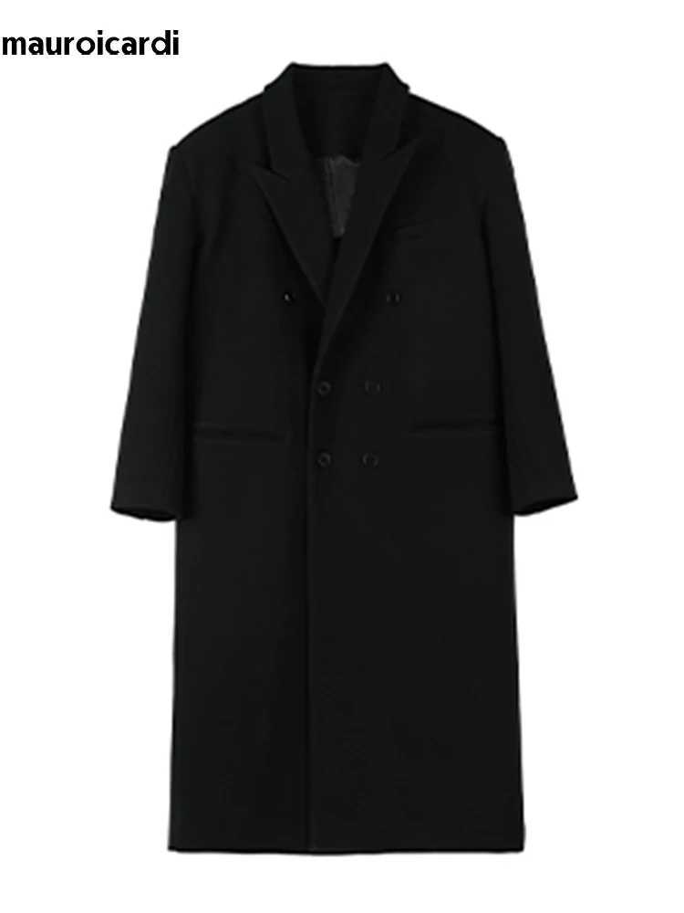 Mauroicardi Autumn Winter Extra Long Black Oversized Warm Wool Blends Coat Men Shoulder Pads Double Breasted Luxury Outerwear J251017