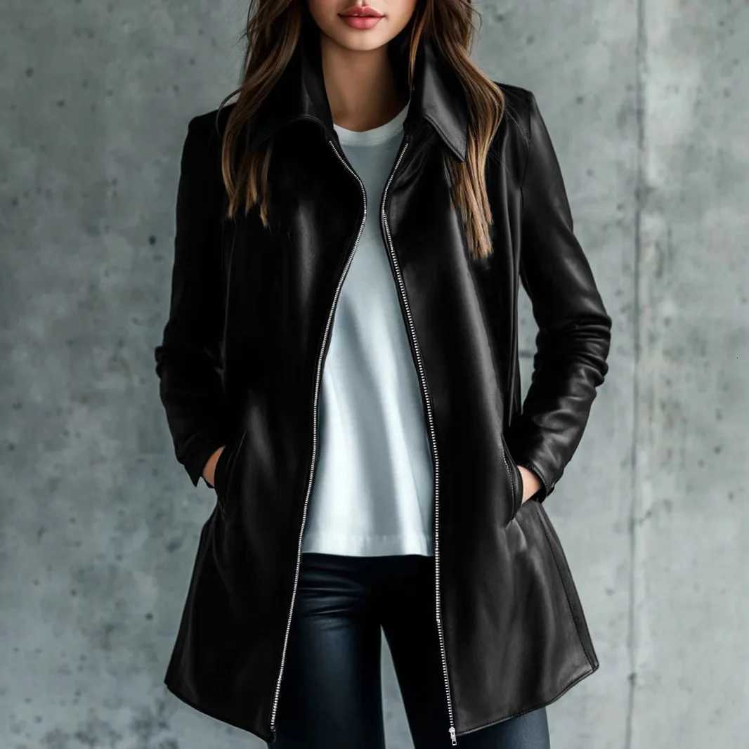 2025 Autumn Winter New Women Mid Length Faux Leather Jacket Office Lady Zipper Elegant Casual Warm CoatT251017