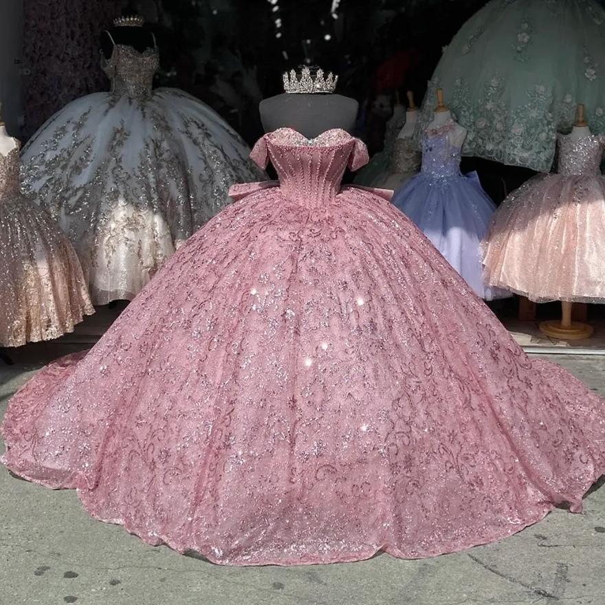 Pink Sweetheart Shiny Quinceanera Dresses Ball Gown Off The Shoulder Lace Beads Crystal Tull Mexican Sweet 16 Dresses 15 Anos
