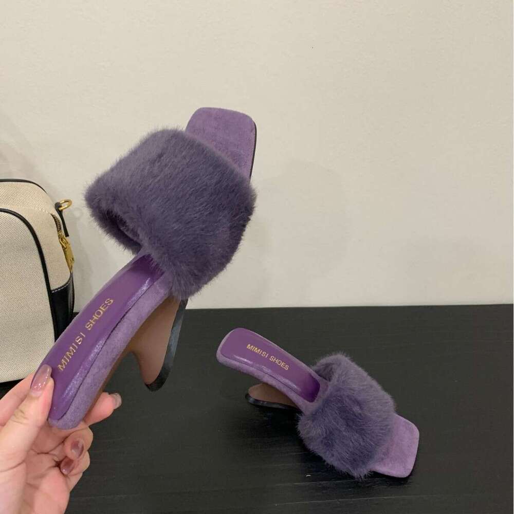 French Style Furry Wedge Designer Shoe - 2025 Autumn New Women's Slippers, Square Open-Toe & Warm for Outdoor Autumn Wear