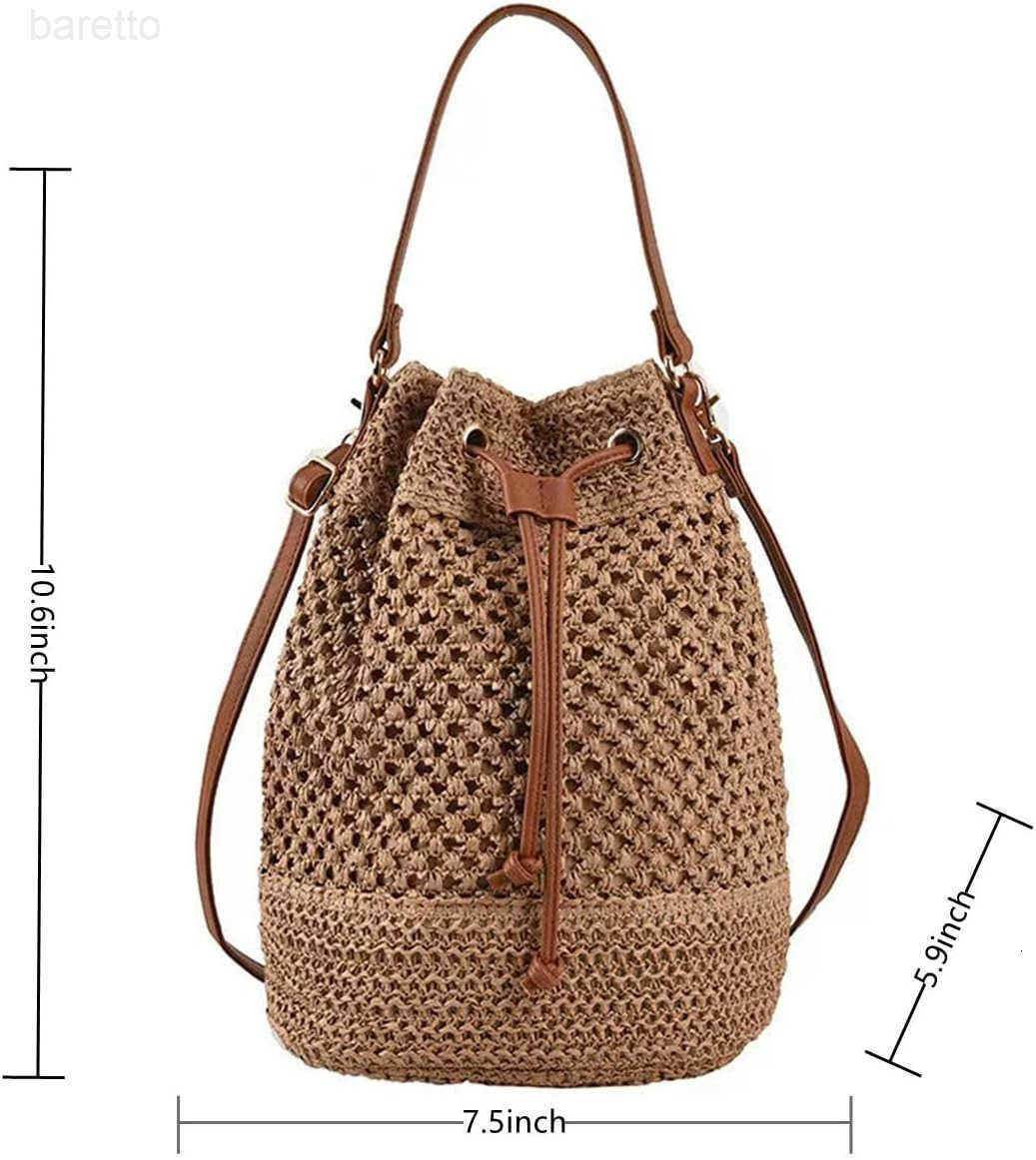 Women Straw Drawstring Bucket Purse Small Tote Shoulder Handbag Hollow Out Crossbody Bag for SummerBeach Z251017