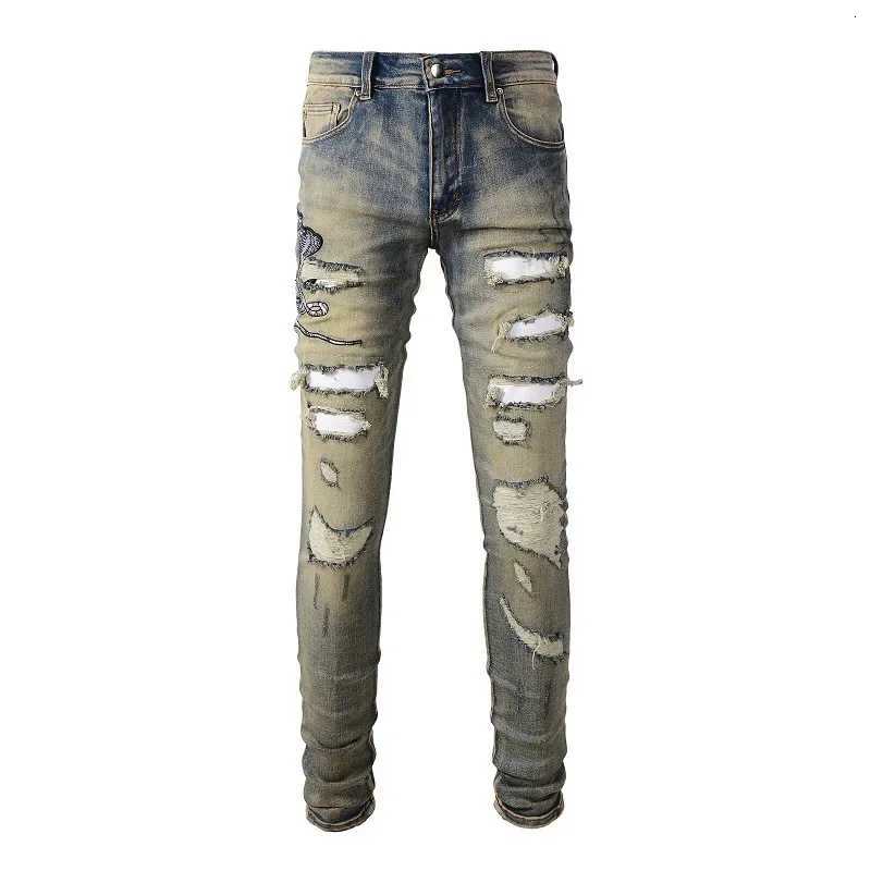 High Street Vintage Cotton Mens Jeans Luxury Embroidery Broken Hole Denim Male Pants Fashion Slim Fit Party Man Trousers Y251105