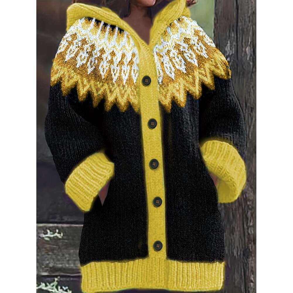 Plus Size, Soft Thick Jacquard Snow Mountain Glacier Gradient Tie-Dye Hooded Cardigan Elegant Fashion Comfortable Casual Vintage Sweater Oversized Jac