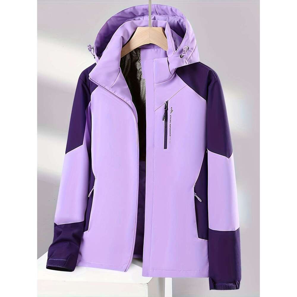 Windproof Jacket Windproof & Warm Women's Lightweight Winter Hooded Jacket | Color-Block Design With Zipper Front, Long Sleeves, And Adjustable H