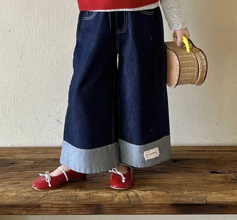 Children Denim Straight Leg Pants 2025 Spring Summer New Korean Girls Flip Up Pants Children Pants JeansT251017