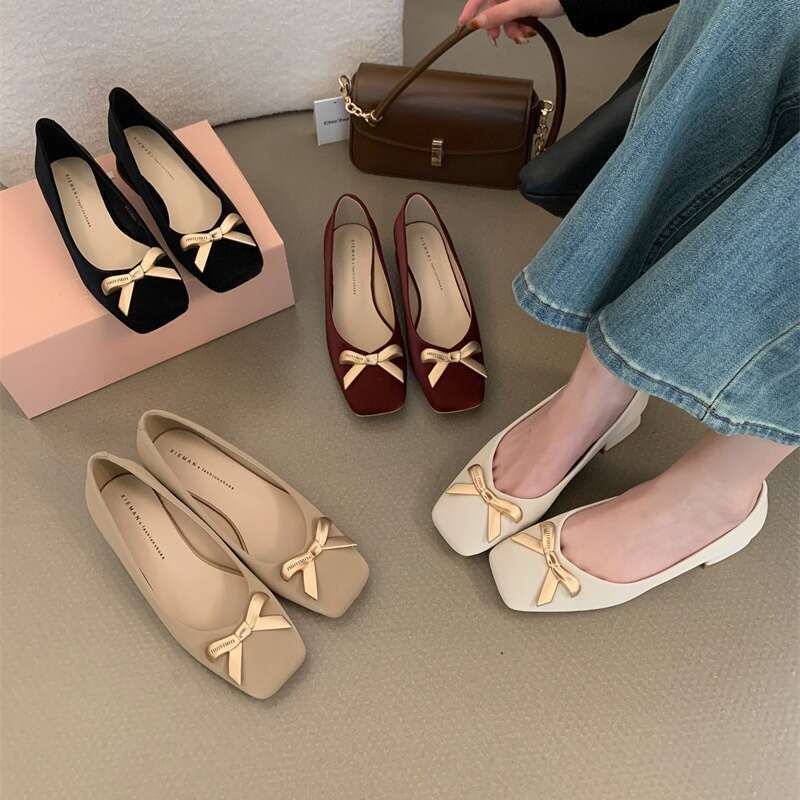 2025 Spring Autumn Women's Designer Shoe - Black French Style Bow Metal Square Toe Shallow Mouth Chunky Heel Work Shoes