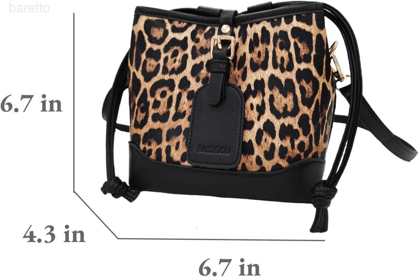 Small Leopard Print Bucket Bags for Women Drawstring Crossbody Bag PU Leather Shoulder Bucket Tote Bag Purse Z251017