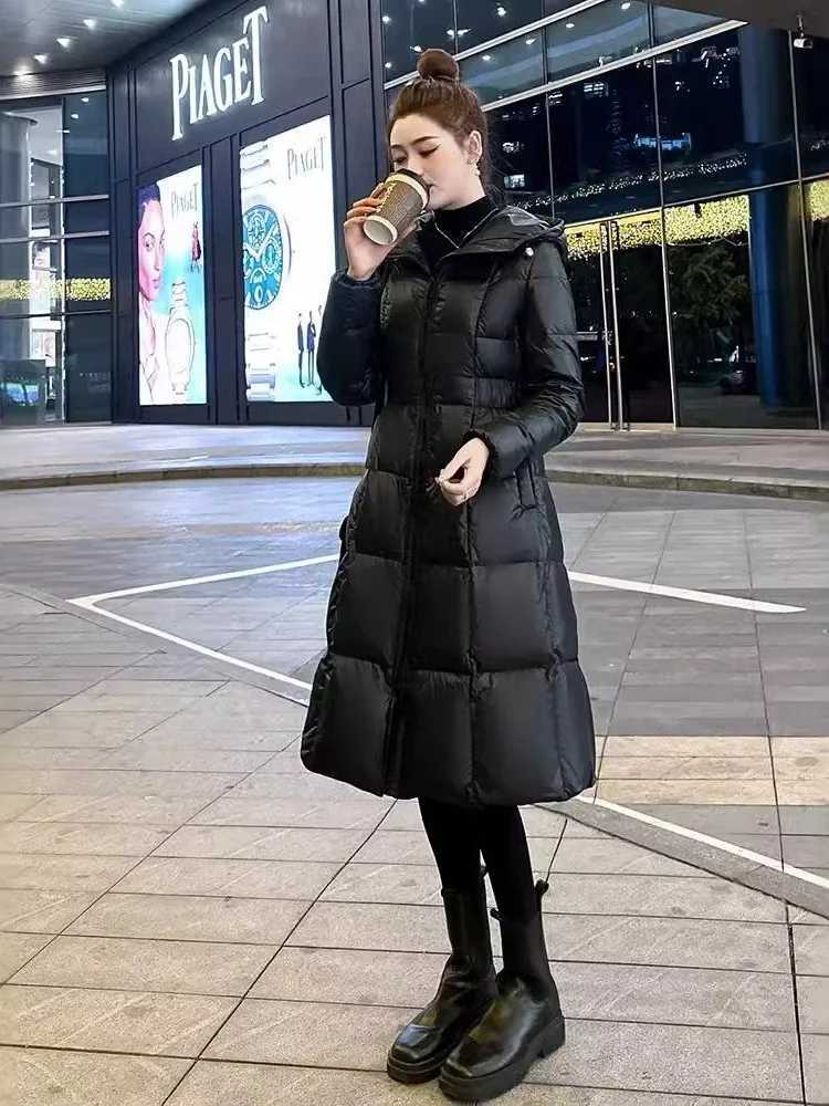 Womens Slim Waisted Hooded Puffer Jacket White Duck Down Medium Length Thick Warm Fashion Winter New 2024 W251016