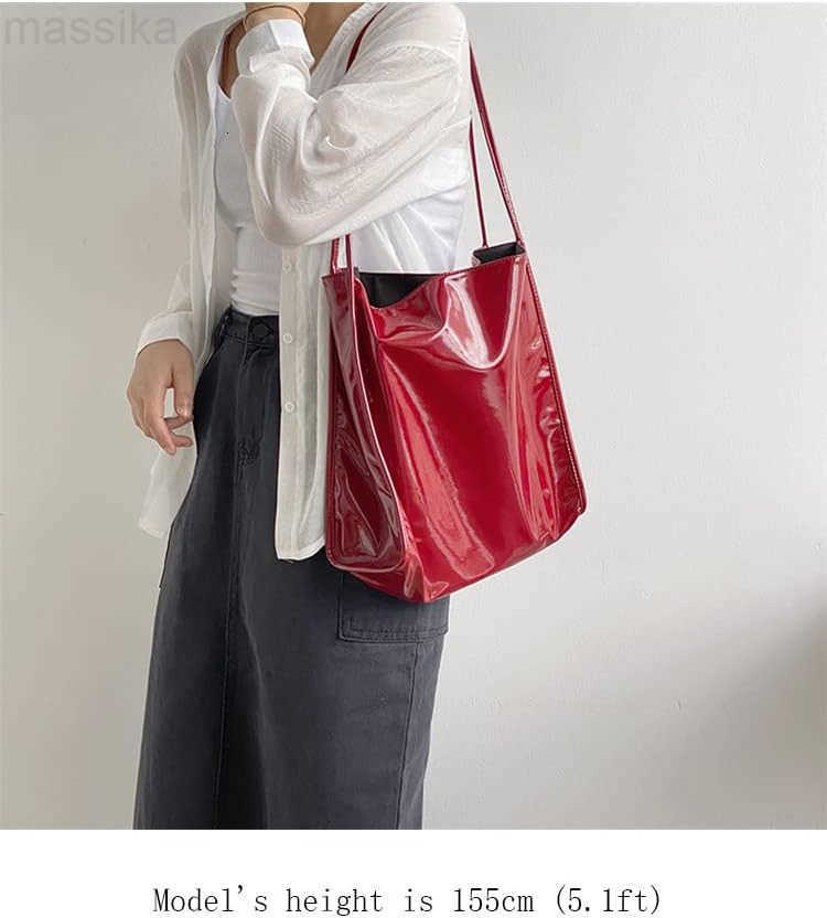 Women Patent Leather Bag Soft Tote Bag Shiny Shoulder Bag Minimal Purse Fashion Handbag M251017
