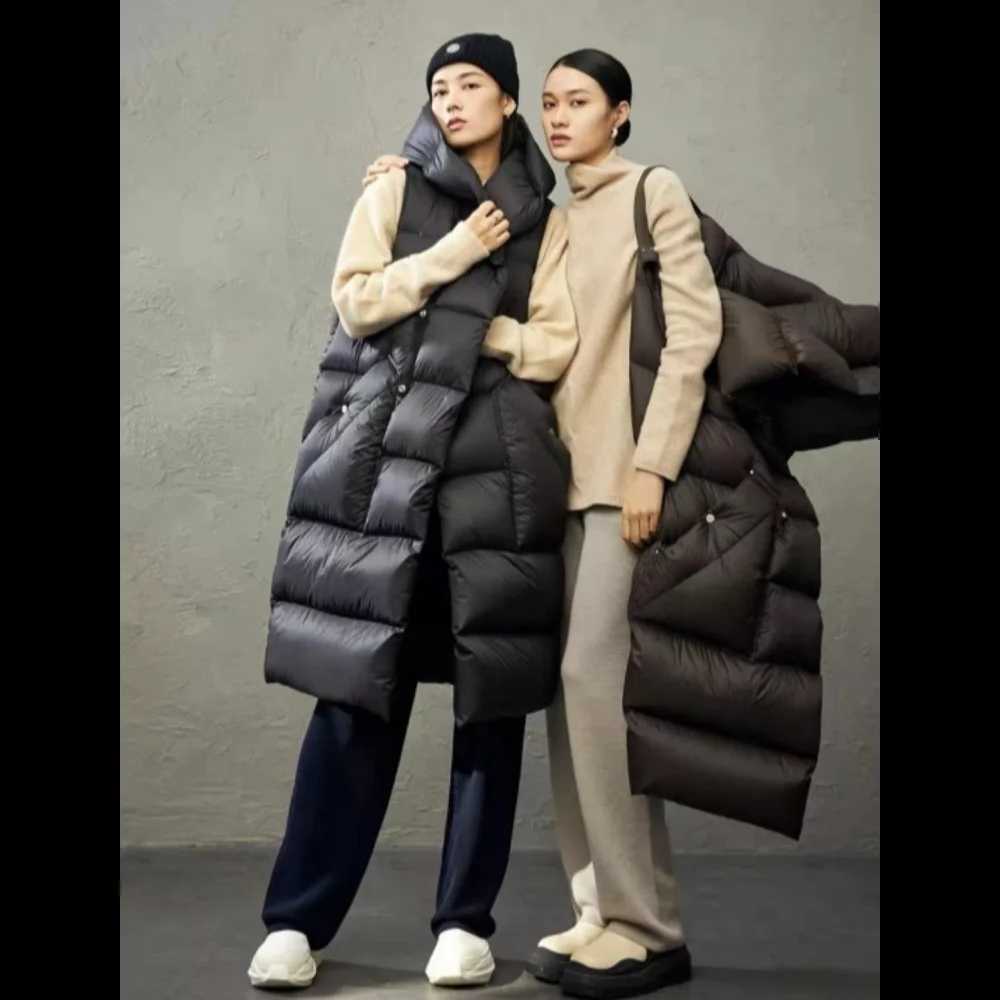 Womens Monochromatic Hooded Long Down Jacket Vest SingleBreasted Sleeveless Outerwear Ultralight Medium Length Models W251016