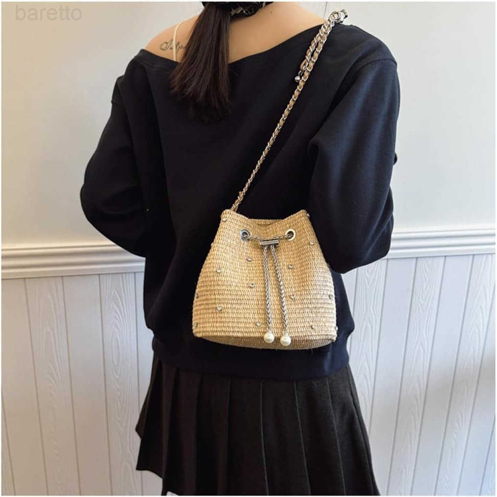Straw Bucket Purse for Women Summer Vacation Crossbody Purses Beach Bag Beaded Rhinestone Handbag Z251017